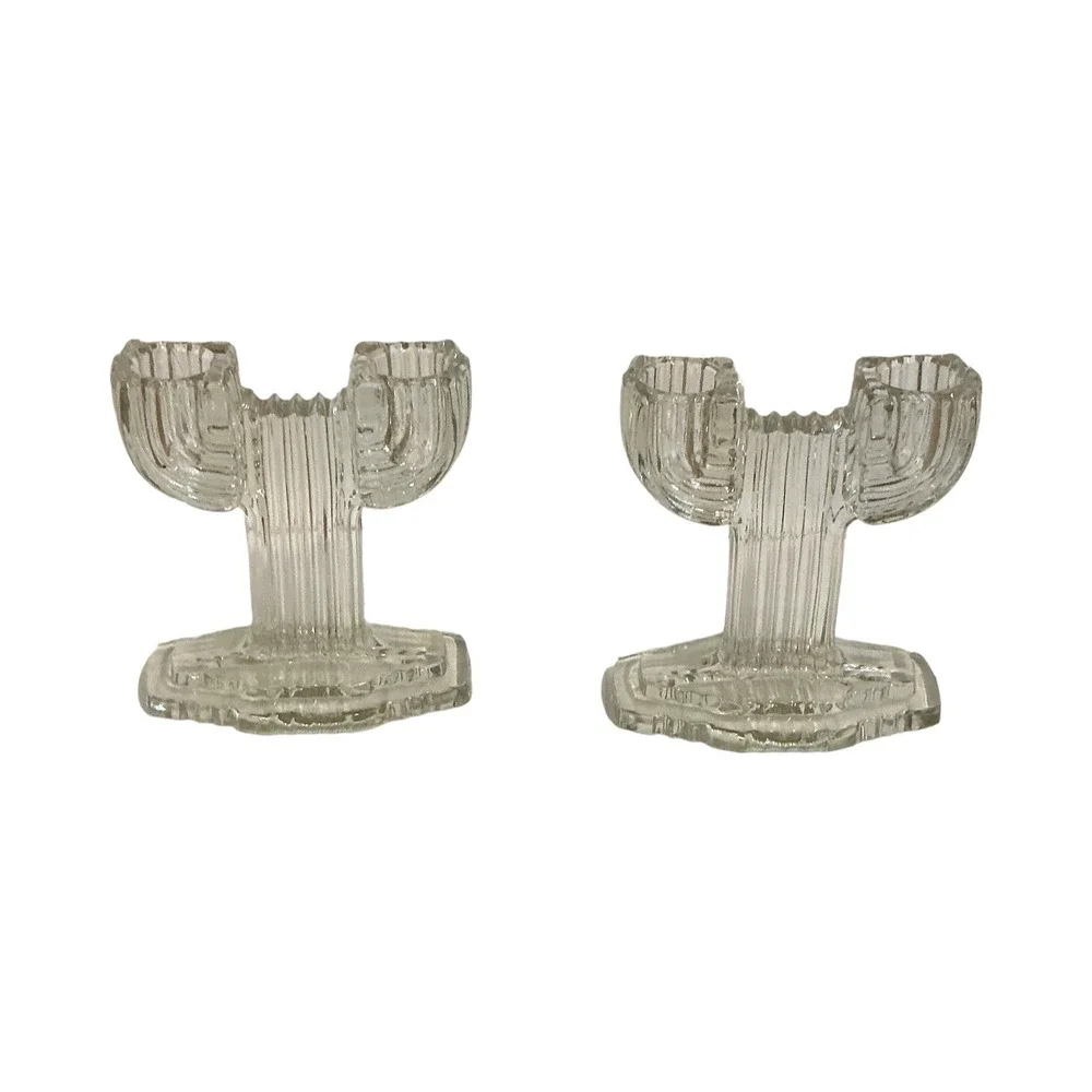 Vintage Clear Ribbed Glass Saguaro Cactus Taper Candle‎ Holders Set of 2